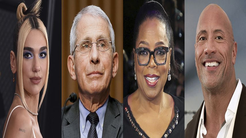 En esta combinación de fotografías la cantante Dua Lipa, el doctor Anthony Fauci, Oprah Winfrey, y Dwayne The Rock Johnson, quienes son algunos de los ganadores de los Premiso Webby a lo mejor del contenido y creadores del internet.&nbsp;