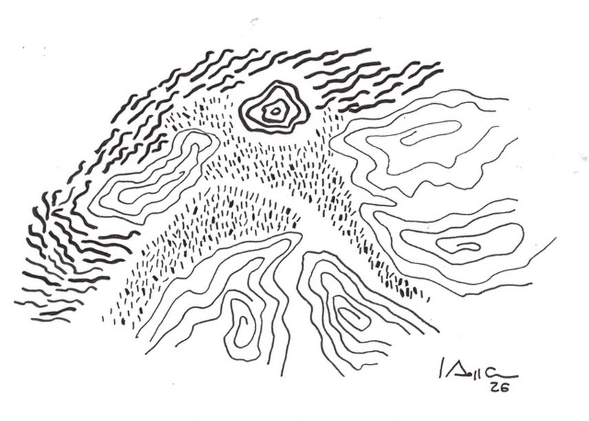 Lena Soffer, Paris por campos, praderas y colinas, 2026. Tinta sobre papel (21 x 29,7cm)  París se construyó en un meandro del Sena, cuyos sedimentos crearon tierras fértiles en la margen derecha, mientras que las praderas se extendían en la margen izquierda. En las colinas al norte, al este y al sur, se explotaban canteras, mientras que las escorrentías de éstas nutría la llanura.