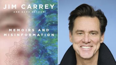 Esta foto combinada se muestra la portada del libro Memoirs and Misinformation, izquierda, y un retrato del autor y actor Jim Carrey.