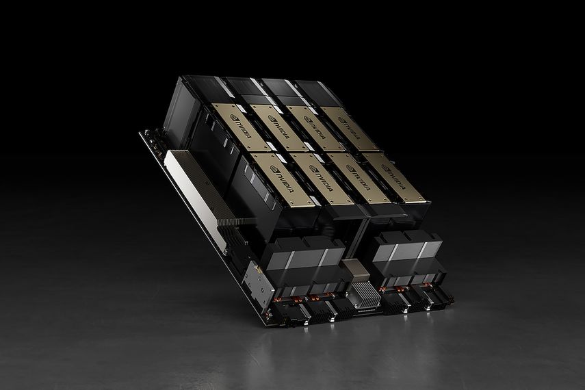 La foto distribuida por el fabricante de chips Nvidia muestra el modulo HGX H100, que usa hasta ocho chips de Inteligencia Artificial para entrenar sistemas de inteligencia artificial y realizar otras tareas.