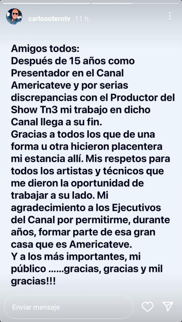 Presentador Carlos Otero anuncia su salida de América Tevé.