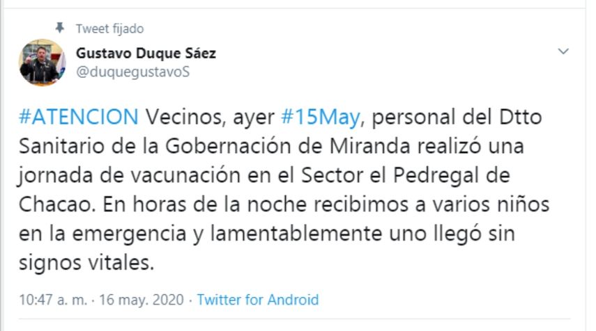 Mensaje publicado por el alcalde del municipio Chacao, Gustavo Duque.&nbsp;