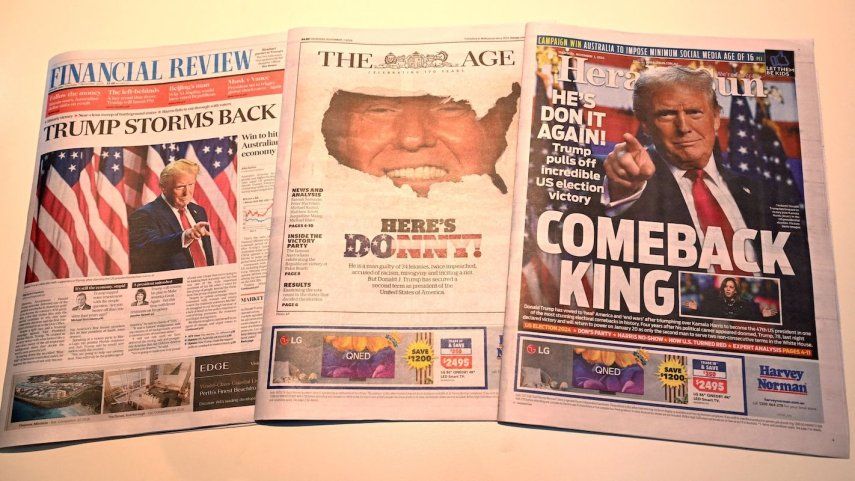 Las portadas de los periódicos matutinos de Melbourne del 7 de noviembre de 2024 muestran la reacción a la reelección del presidente electo de Estados Unidos, Donald Trump.&nbsp;