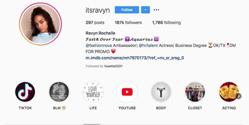 Captura de pantalla del perfil oficial en Instagram de la influencer de moda y actriz Ravyn Rochelle.