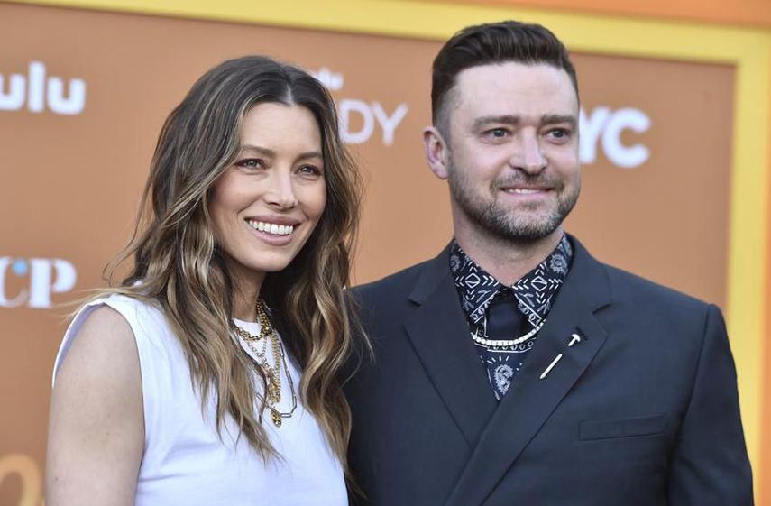 La actriz y productora Jessica Biel llega con su esposo, Justin Timberlake, al estreno de Candy en Los Ángeles el lunes 9 de mayo de 2022 en el teatro El Capitán.&nbsp;