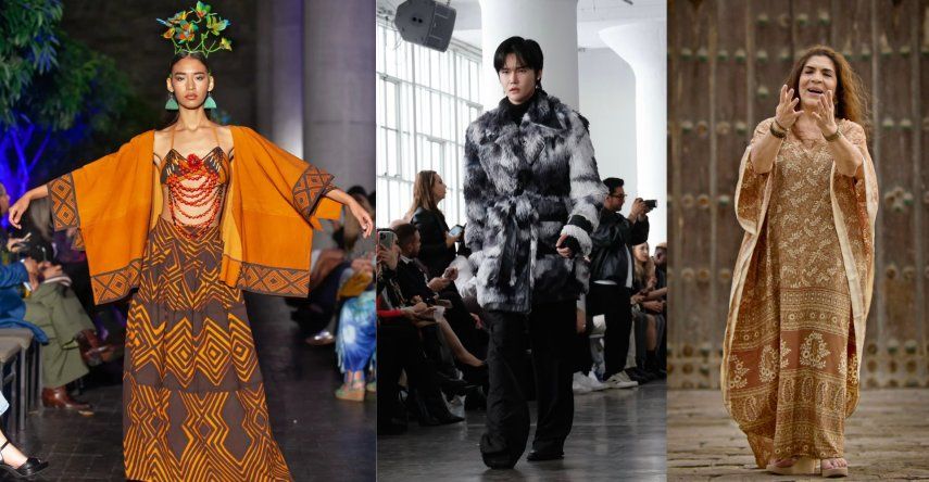 A la izquierda, vestuarios de los diseñadores Lizeth Asháninka y Yirko Sivirich; a la derecha, la cantautora Lourdes Carhuas.