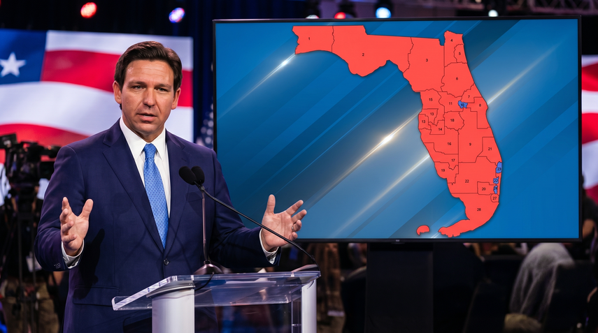 El gobernador Ron DeSantis y el nuevo mapa congresional de Florida.