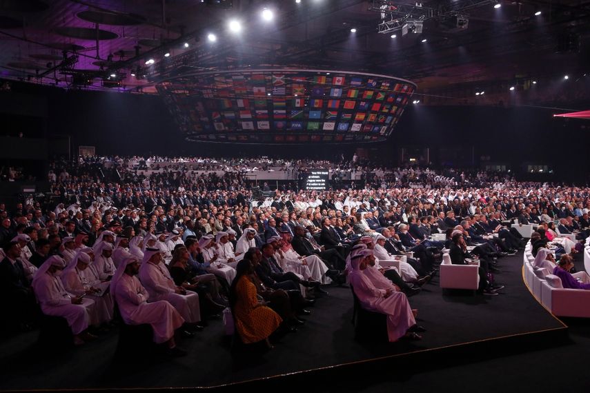 La foto del 1 de abril de 2022 muestra el sorteo para definir los grupos del Mundial en Doha, Catar&nbsp;