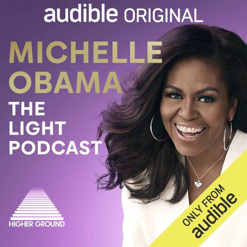 Esta imagen publicada por Audible muestra un anuncio del podcast Michelle Obama: The Light Podcast, que se estrena el 7 de marzo.