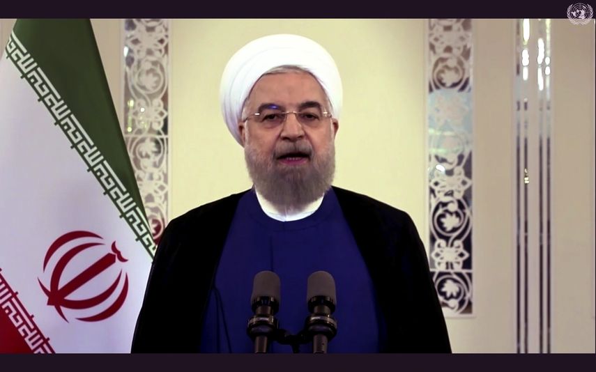 Imagen tomada de la se&ntilde;al de video de UNTV, en la que aparece el presidente iran&iacute;, Hassan Rouhani, hablando en un video en la Asamblea General de Naciones Unidas. &nbsp;