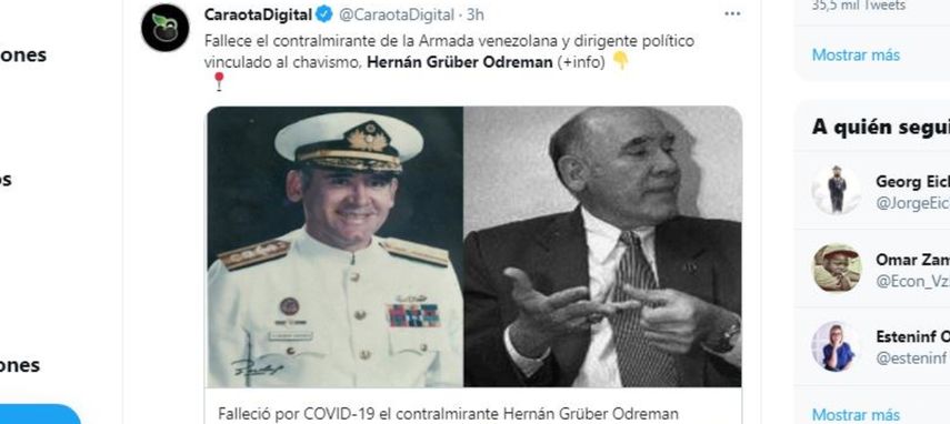 Fallece por COVID-19 el contralmirante Hernán Gruber Odreman, a los 81 años, líder del intento de golpe de Estado en Venezuela, el 27 de noviembre de 1994.