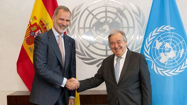 En esta foto proporcionada por las Naciones Unidas, el 20 de julio de 2023, el secretario general de la ONU, Antonio Guterres, le da la mano al rey Felipe VI de España en la sede de la ONU en la ciudad de Nueva York.