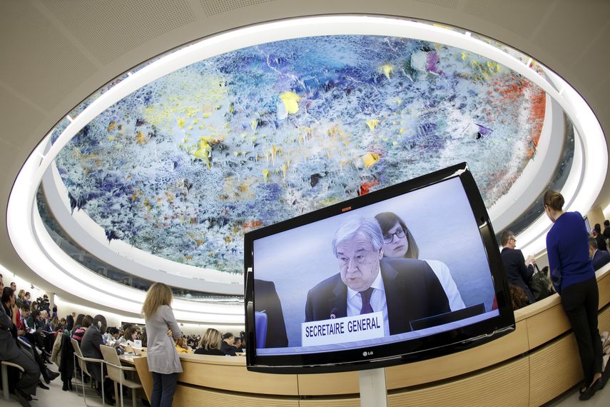 El secretario general de Naciones Unidas, António Guterres, ofrece un discurso en la apertura del Segmento de Alto Nivel para la 43ra sesión del Consejo de Derechos Humanos en la sede europea de la ONU, el lunes 24 de febrero de 2020.&nbsp;