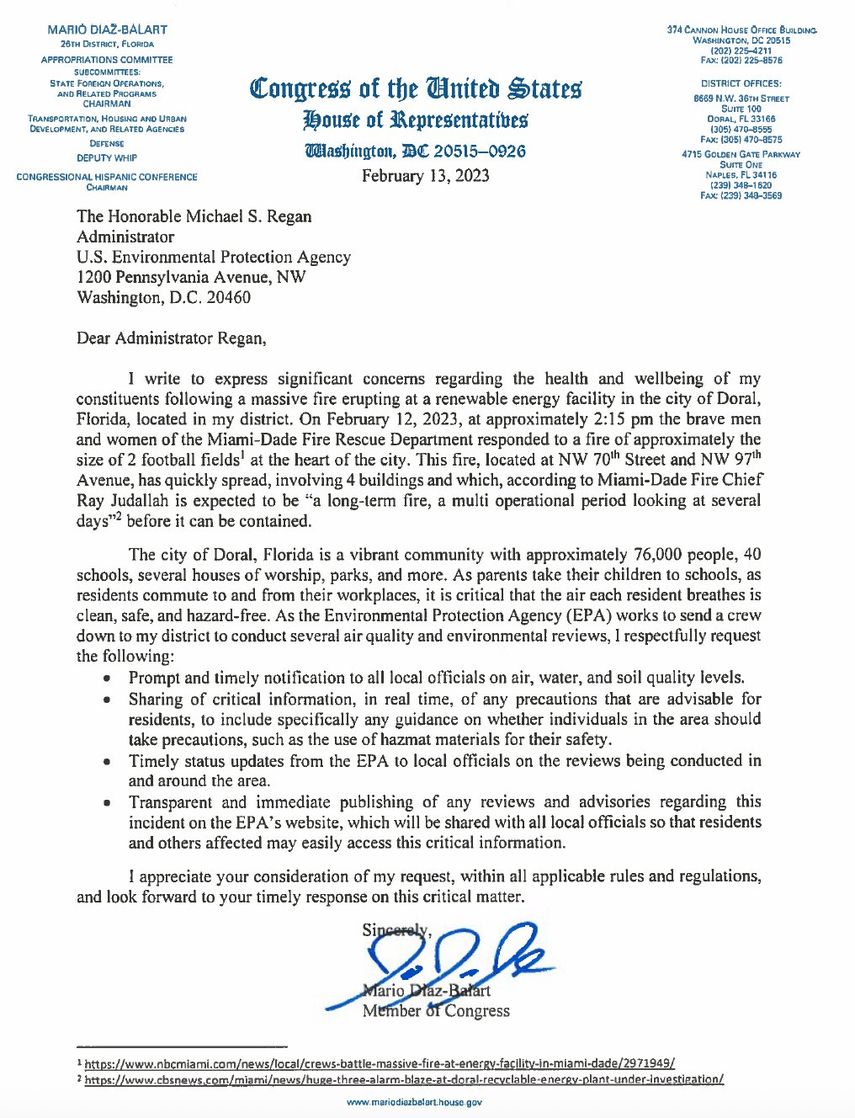 Carta del congresista Diaz-Balart a EPA