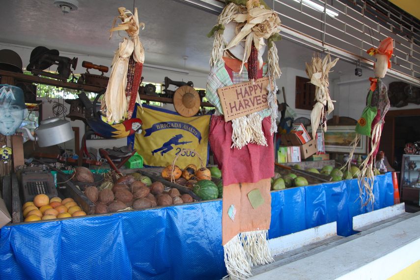 La Frutería Los Pinareños tiene una estructura abierta, donde se exhiben frutas y elementos relacionados con Cuba. 