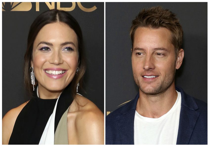 Esta combinaci&oacute;n de fotograf&iacute;as muestra a Mandy Moore y Justin Hartley en la celebraci&oacute;n NBC and Universal Television Emmy Nominee en West Hollywood, California.&nbsp;&nbsp;