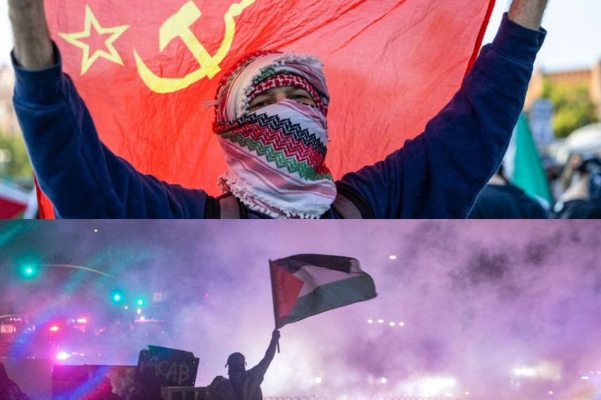 Manifestantes anti-redadas en Los Ángeles con banderas de la Unión Soviética y Palestina.