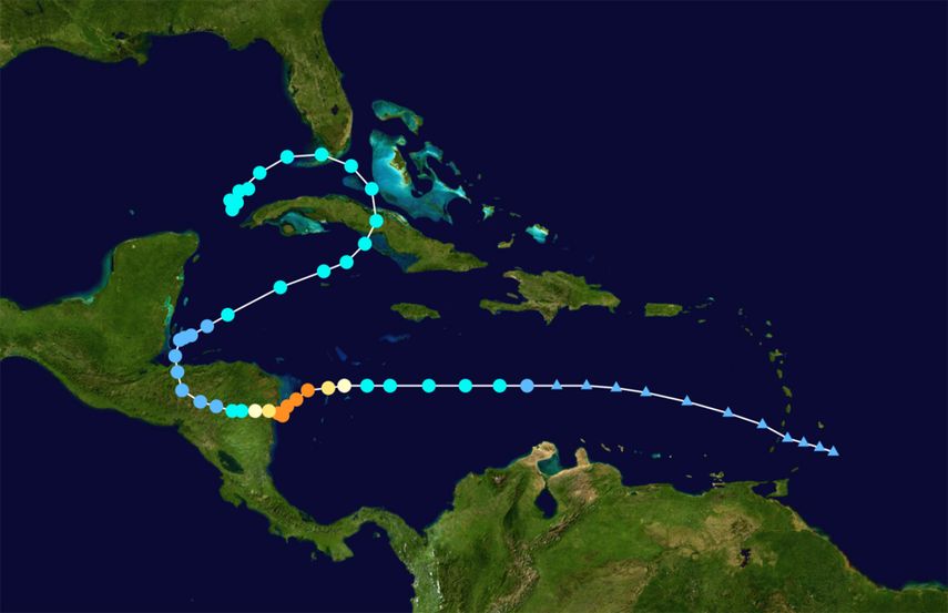 Esta imagen recoge la errática trayectoria del fenómeno ciclónico Eta, por el mar Caribe.