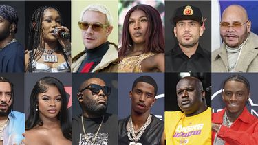 En esta combinación de fotografías, se presenta a artistas del hip hop. En la fila superior de izquierda a derecha, 2 Chainz, 6lack, BIA, Diplo, Doechii, DJ Drama y Fat Joe, fila inferior de izquierda a derecha, Flo Milli, French Montana, JT, Killer Mike, King Combs, Shaq y Soulja Chico.