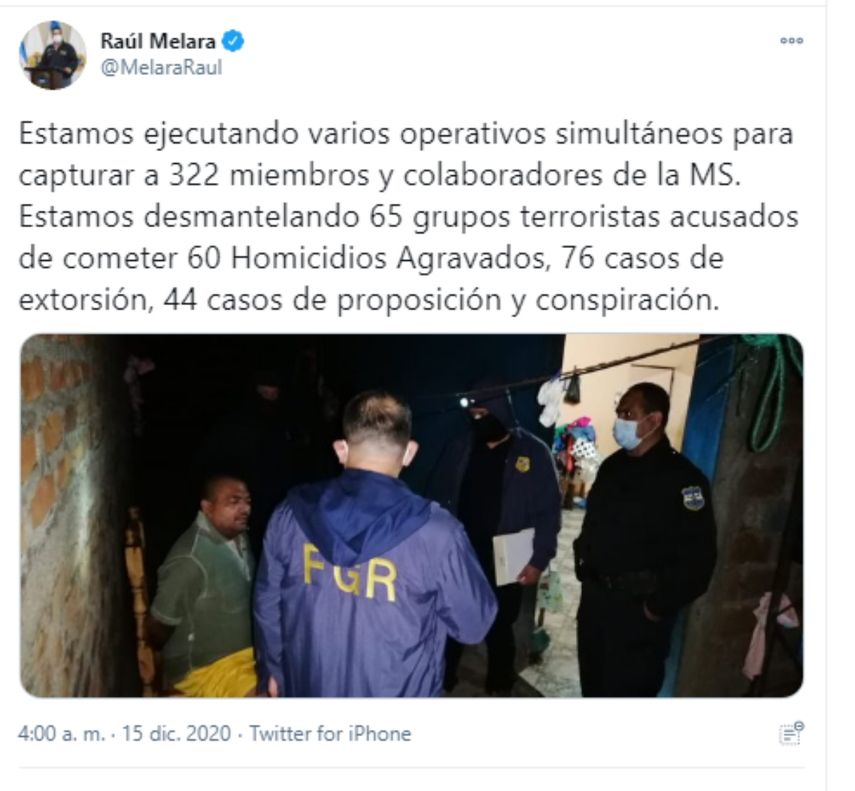 Captura de pantalla del mensaje difundido en Twitter por el fiscal general de El Salvador, Raúl Melara, durante la redada emprendida.&nbsp;&nbsp;