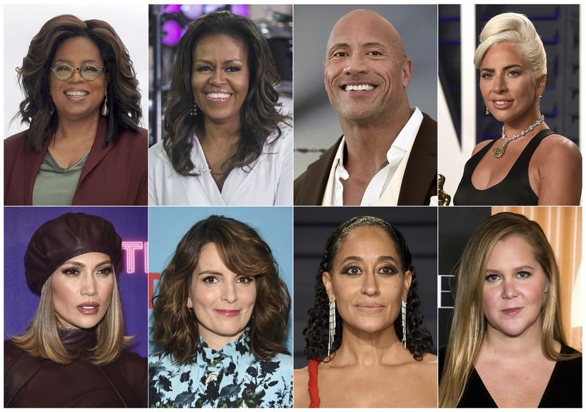 En esta combinaci&oacute;n de fotos, arriba, de izquierda a derecha, Oprah Winfrey, la ex primera dama Michelle Obama, Dwayne Johnson y Lady Gaga; y abajo, Jennifer L&oacute;pez, Tina Fey, Tracee Ellis Ross y Amy Schumer. Live Nation anunci&oacute; el mi&eacute;rcoles 20 de noviembre del 2019 que la gira sobre bienestar de Winfrey con WW, Oprahs 2020 Vision: Your Life in Focus, incluir&aacute; apariciones de invitados especiales como Obama, Johnson, Lady Gaga, L&oacute;pez, Fey, Ellis Ross y Schumer.&nbsp;