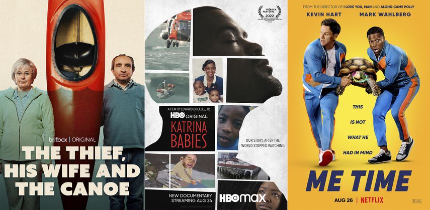 En esta combinación de fotografías, el arte promocional de The Thief, His Wife & The Canoe una miniserie que se estrena el 23 de agosto en BritBox, izquierda, Katrina Babies, un documental que se estrena el 24 de agosto en HBO y HBO Max, centro, y Me Time, una película de comedia que se estrena el 26 de agosto en Netflix.