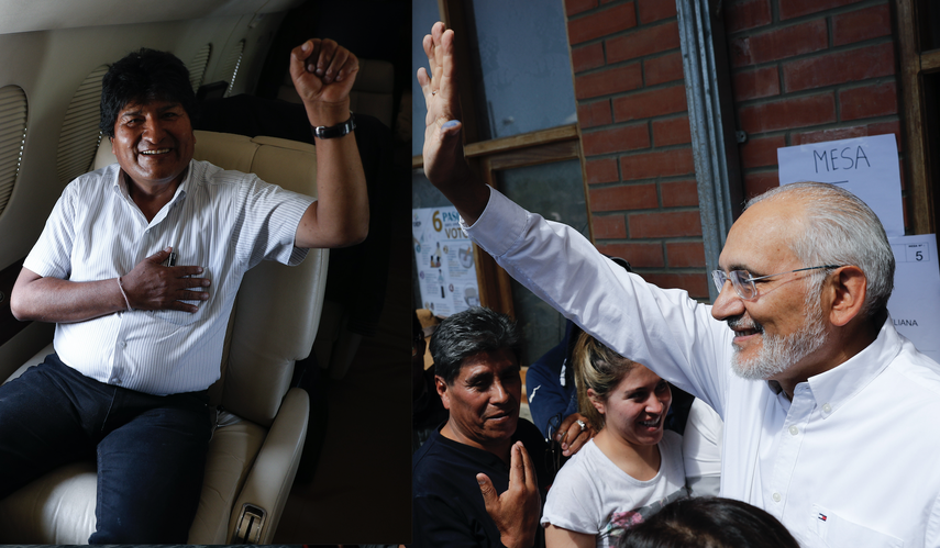 El presidente boliviano Evo Morales sonr&iacute;e para una fotograf&iacute;a a bordo de un avi&oacute;n en el aeropuerto Chimore en la regi&oacute;n de Chapare, Bolivia, el domingo 20 de octubre de 2019 (Izq).&nbsp;El candidato opositor Carlos Mesa saluda al p&uacute;blico tras votar durante las elecciones generales en Mallasilla.&nbsp;&nbsp;