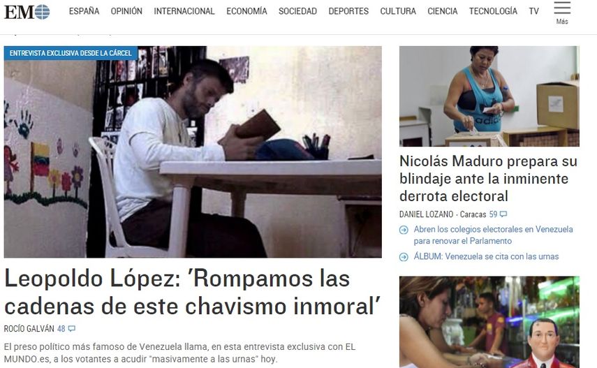 Imágen de la portada en internet del periódico El Mundo con la entrevista a López desde la cárcel. 