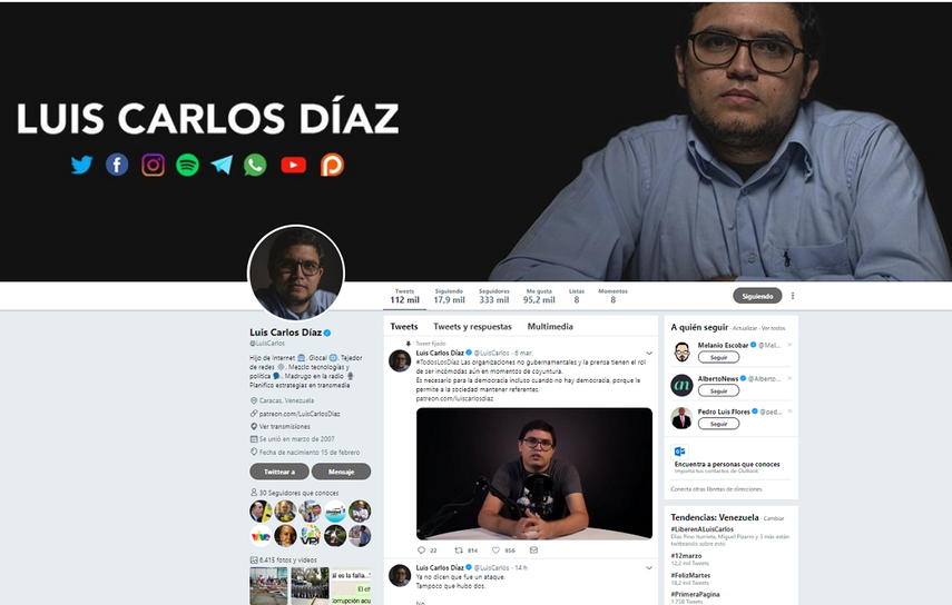 Captura de pantalla de la cuenta de Twitter de Luis Carlos Díaz. 