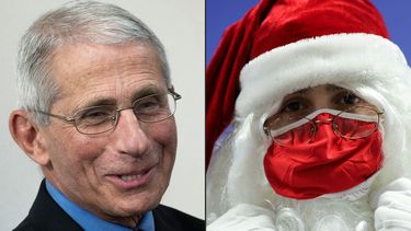 Combinación de imágenes creadas el 19 de diciembre de 2020, que muestran a Anthony Fauci, director del Instituto Nacional de Alergias y Enfermedades Infecciosas, en la Casa Blanca el 9 de abril de 2020, en Washington, DC y un hombre vestido como Papá Noel con una mascarilla roja en Libourne, Francia, el 10 de diciembre de 2020.