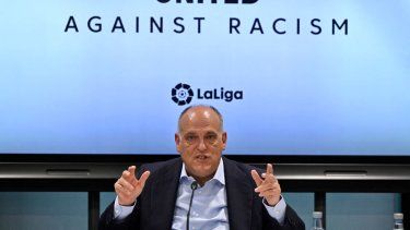 El presidente de LaLiga, Javier Tebas, durante una conferencia de prensa en Madrid, el 25 de mayo de 2023.