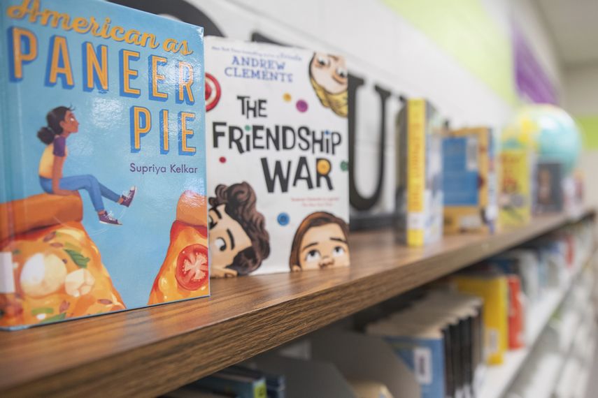 Libros en las estanterías de la biblioteca de una escuela primaria en los suburbios de Atlanta, 18 de agosto de 2023.&nbsp;