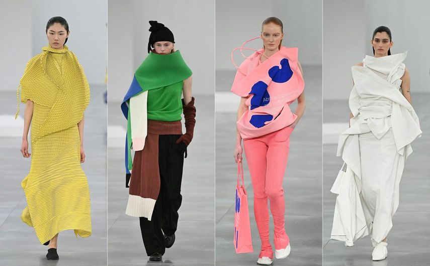 Esta combinación de imágenes creada el 7 de marzo de 2025 muestra a modelos presentando creaciones de Issey Miyake para la colección de prêt-à-porter femenino otoño-invierno 2025/2026 en el marco de la Semana de la Moda de París, en París el 7 de marzo de 2025.