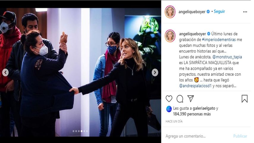 Los actores Angelique Boyer y Andrés Palacios junto a la maquillista de la telenovela Imperio de mentiras.&nbsp;