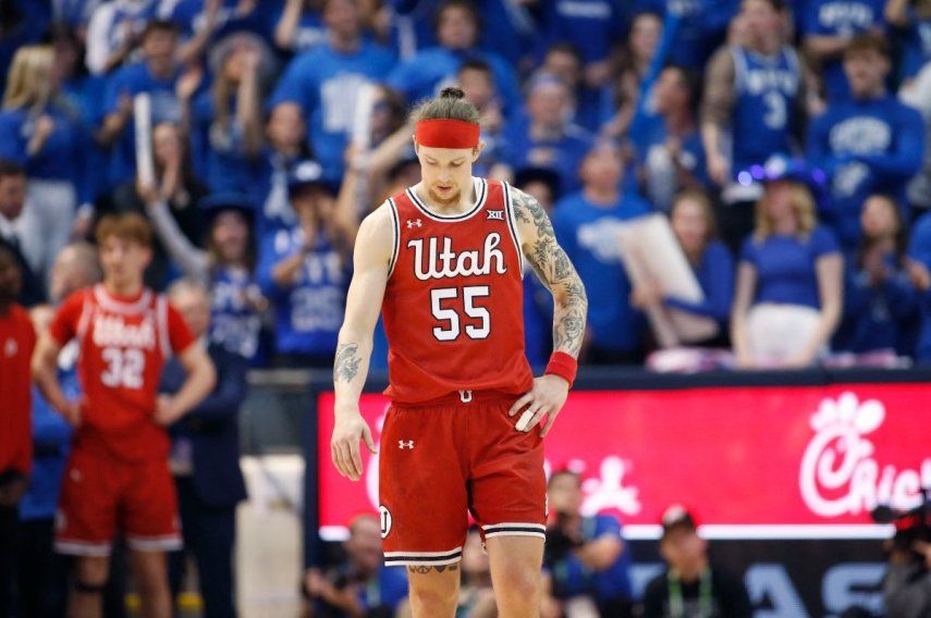 Gabe Madsen, en ese entonces del Utah Utes, reacciona durante los minutos finales de un partido, el 8 de marzo de 2025.