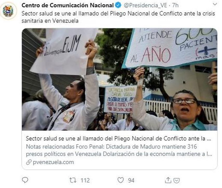 Sector salud de Venezuela protesta por las condiciones de los centros asistenciales.