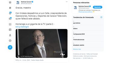 La cuenta de Twitter de Noticias Caracol también se hizo eco de la noticia relacionada con la muerte de Luis Calle.&nbsp;