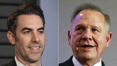 En este collage, el comediante Sacha Baron Cohen en la fiesta del Oscar de Vanity Fair el 4 de marzo del 2018, en Beverly Hills, California, y el expresidente de la Corte Suprema de Alabama y candidato al Senado Roy Moore, en una conferencia de prensa en Birmingham, Alabama, el 16 de noviembre del 2017.