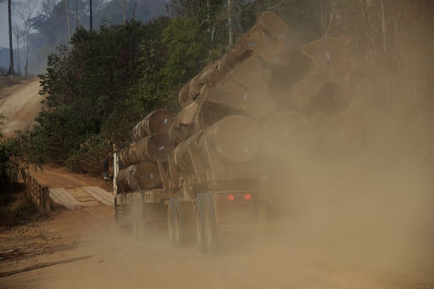 Un camión transporta troncos en medio de los incendios forestales, cerca de la ciudad de Porto Velho, en la región Vila Nova Samuel, que forma parte de la Amazonia brasileña, el 26 de agosto de 2019. 