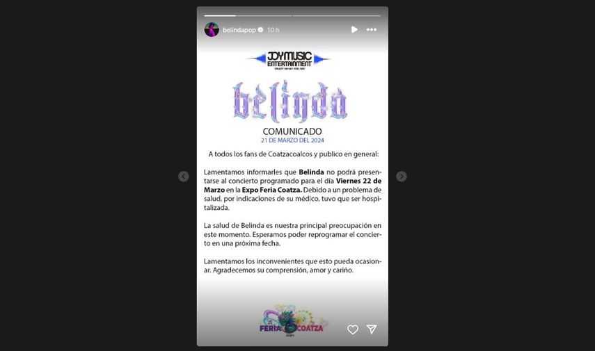 Comunicado de JoyMusic Entertainment sobre la salud de Belinda.