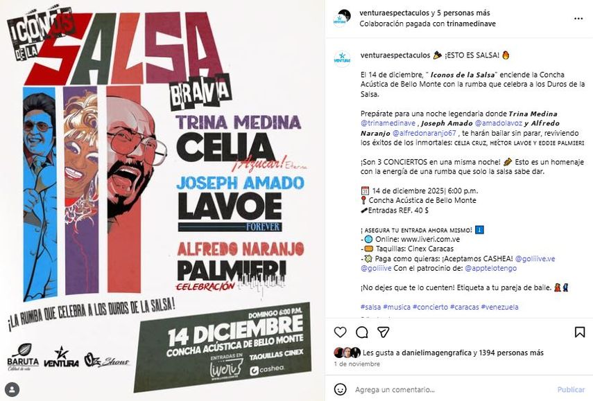 Concierto Íconos de la Salsa Brava, un homenaje a Celia Cruz, Héctor Lavoe y Eddie Palmieri en Caracas.