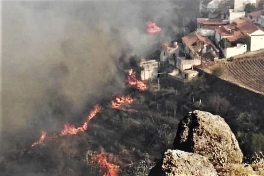 En esta foto difundida por el cabildo de Gran Canaria se ve un incendio cerca de unas casas en El Rincón, en la isla de España, el domingo 18 de agosto de 2019.&nbsp;