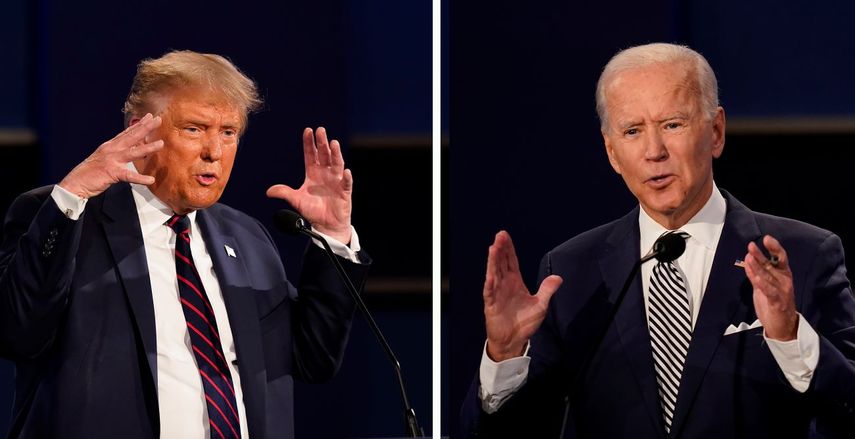 Combinaci&oacute;n de fotos del presidente Donald Trump y del exvicepresidente Joe Biden durante su primer debate hacia las elecciones presidenciales de noviembre, el martes 29 de septiembre de 2020, en Cleveland, Ohio.&nbsp;