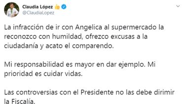 Mensaje difundido por la alcaldesa de Bogot&aacute;, Claudia L&oacute;pez, tras la pol&eacute;mica.&nbsp;