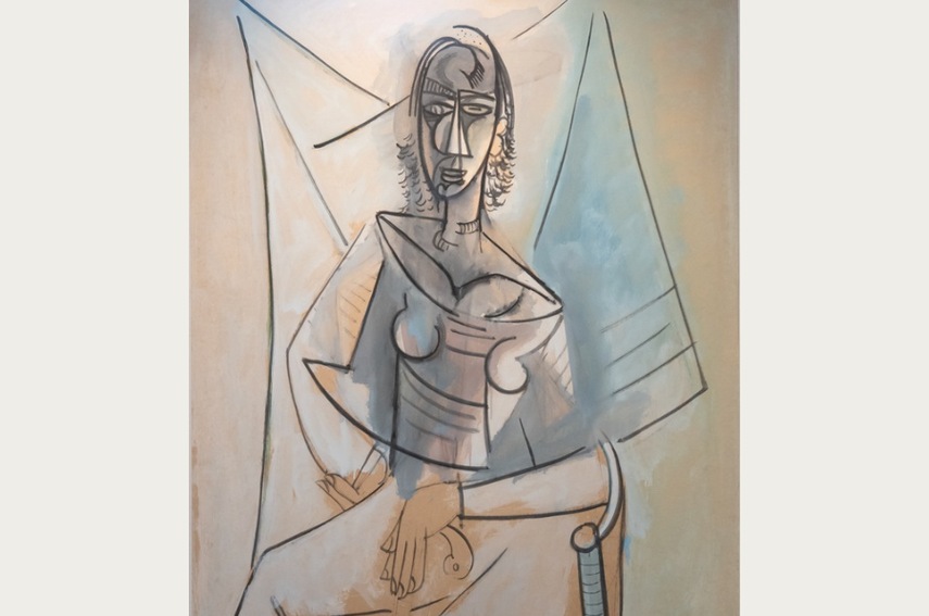 Obra Mujer sentada, por Wifredo Lam (1944). Óleo sobre papel, montado en tablero. La obra será expuesta en la muestra El Pasado Mío/My Own Past y Afrocubanismo: Selecciones de la colección de Ramón y Nercys Cernud del Museo de Arte Lowe.