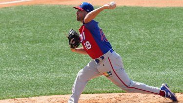 El lanzador de República Dominicana, Steve Moyers, trabaja en la primera entrada contra Panamá en la Serie del Caribe, el lunes 6 de febrero del 2023.