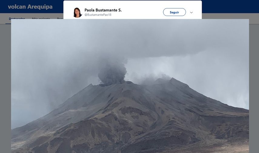 Fotograf&iacute;a de la erupci&oacute;n del volc&aacute;n Urbinas, en Arequipa, Per&uacute;, publicada en su cuenta oficial de Twitter por la&nbsp;Ministra de Desarrollo e Inclusi&oacute;n Social, Paola Bustamante, este 19 de julio de 2019.