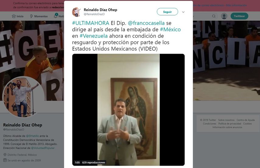 El diputado Franco Casella envió un mensaje a los venezolanos desde el interior de la embajada de México en Caracas. 