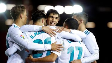 Los jugadores del&nbsp;Real&nbsp;Madrid&nbsp;celebran el tercer gol del equipo frente al Numancia.&nbsp;
