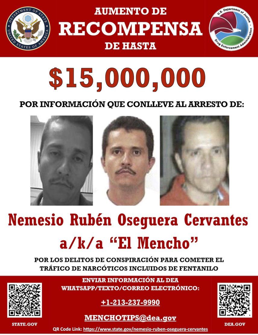 Recompensa por Nemesio Oseguera, alias el Mencho, en la página oficial de la DEA.&nbsp;